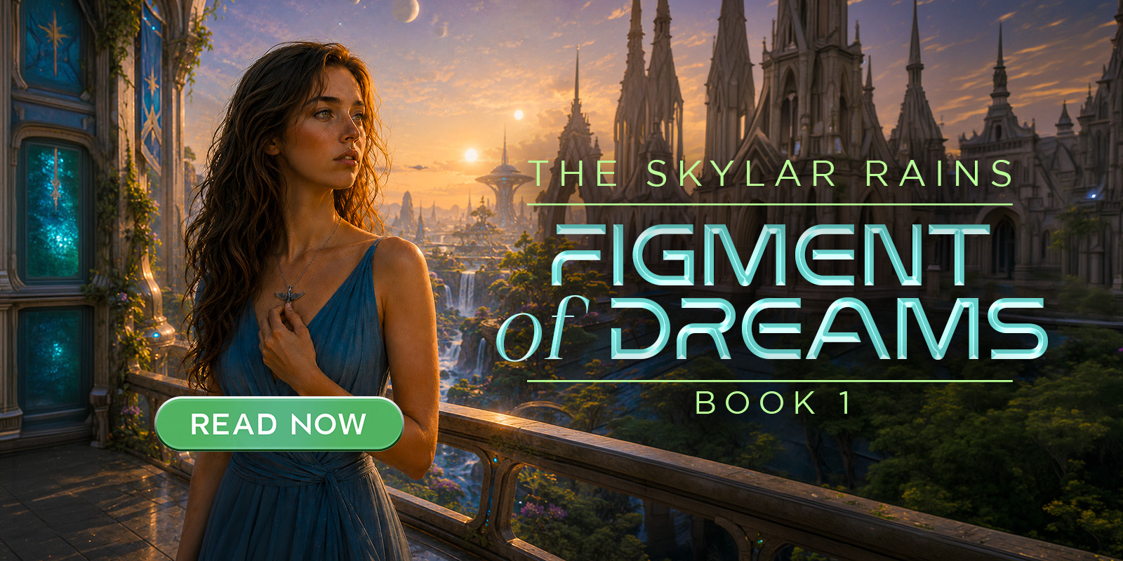 Figment of Dreams Book 1, The Skylar Rains by E. Hereygers — banner artwork of a woman on a balcony above a glowing fae city with a Read Now button